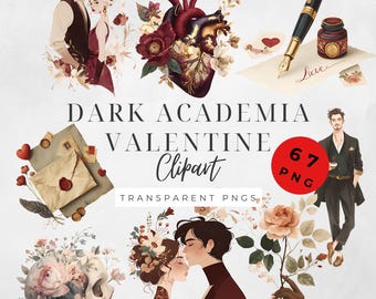 Dark Academia Valentine Clipart - Coppie carine innamorate PNG, illustrazioni vintage ad acquerello per design romantici, sigillo di cera, lettere, cuore