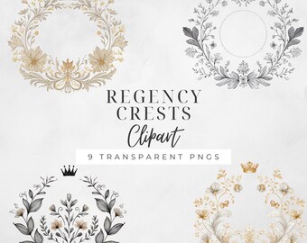 Regency Crest Clipart, Elegant Wedding Invitation Watercolor, Floral Designs, Minimal Romantic Bridgerton Aesthetic