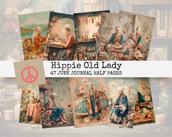 Hippie Old Lady Junk Journal-pagina's, grillige digitale kunst, afdrukbare achtergronden voor scrapbookprojecten