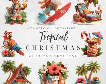 Tropische kerstclipart: 24 png-bestand kustvakantie, kerstman op strand, instant download, commercieel gebruik