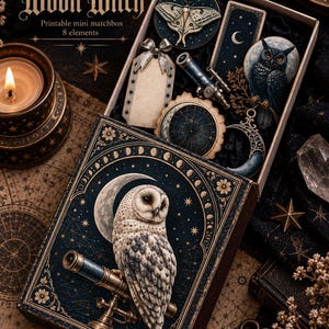 May include: A printable mini matchbox set titled The Coven Collection: Moon Witch, containing 8 elements. The box features a white owl perched on a telescope against a dark blue starry sky with a crescent moon. Inside are various celestial-themed paper cutouts.