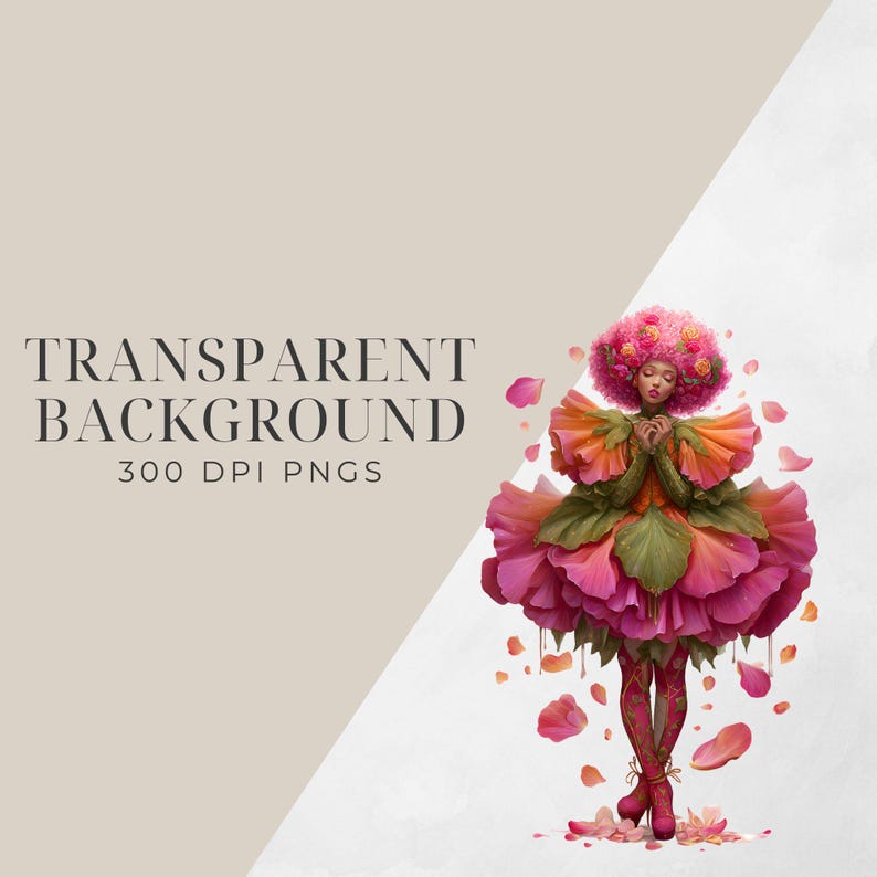 May include: A digital illustration of a figure in a flower-petal dress and a pink floral afro. The figure is surrounded by falling petals. The image includes the text "TRANSPARENT BACKGROUND 300 DPI PNGS".