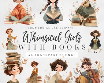 Whimsical Girls with Books Clipart: 49 PNGs Quirky Girls with Books , Cute Digital Art for Scrapbooking and Card Making, Digital Download