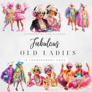 Könnte beinhalten: Digitale Illustration von mehreren stilvollen älteren Frauen in lebendigen Outfits und Accessoires. Das Bild enthält den Text "Fabulous Old Ladies" und "Commercial Use Clipart". Die Frauen sind mit Sonnenbrillen, Kopfhörern und Getränken dargestellt.