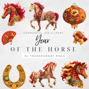 Lunar New Year Horse Clipart, 34 PNG Zodiac Art, Digital Download for Chinese New Year Celebrations