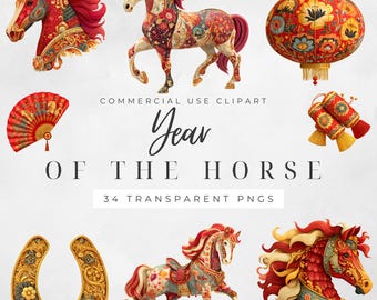 Lunar New Year Horse Clipart, 34 PNG Zodiac Art, Digital Download for Chinese New Year Celebrations