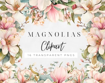 Magnolie Clipart: Vintage Aquarell Blumen PNG, Botanische Clip Art für Scrapbooking & digitale Verwendung, Design für Hochzeitseinladung