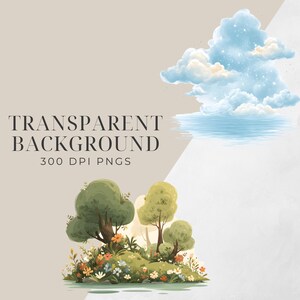 May include: Watercolor illustration featuring a serene landscape with trees, flowers, and a cloudscape. The text "TRANSPARENT BACKGROUND 300 DPI PNGS" is displayed in a bold, elegant font, suggesting digital art assets.