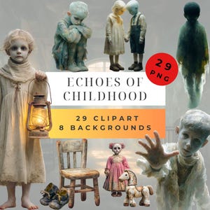 Peut inclure: Illustration numérique avec des enfants fantomatiques et des objets anciens. L'image comprend une fille avec une lanterne, une chaise en bois, une poupée et un cheval jouet. Le texte indique "Echoes of Childhood", "29 Clipart" et "8 Backgrounds".