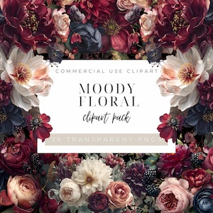 Moody Florals Clipart: 38 PNG Dark Romantic Floral, Digital Download for Wedding Invitations