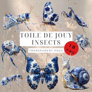 Op de afbeelding: Een verzameling 3D-gerenderde insecten in Toile de Jouy-stijl. De insecten, waaronder een sprinkhaan, vlinder, spin, mier en slak, zijn wit met blauwe bloempatronen en gouden accenten. De tekst "TOILE DE JOUY INSECTS" en "TRANSPARENT PNGS" is inbegrepen.