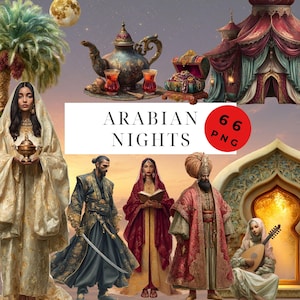 Peut inclure: Illustration numérique sur le thème des Mille et Une Nuits. L'image présente des personnages en costumes traditionnels, une tente, un service à thé et le texte "ARABIAN NIGHTS". L'ensemble évoque l'ambiance des contes orientaux.