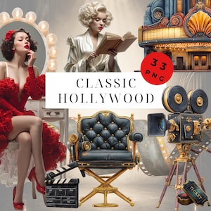 May include: A digital collage with a classic Hollywood theme. It features illustrations of a vintage movie camera, a director's chair, a clapperboard, and a vintage movie theater. The text "CLASSIC HOLLYWOOD" is displayed prominently.