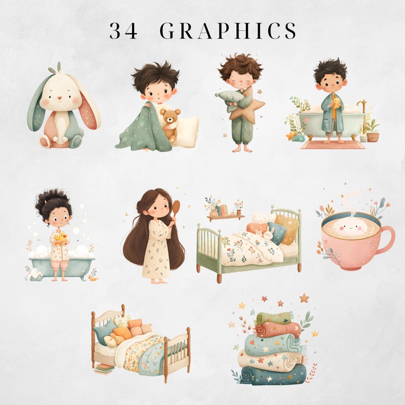 Bedtime Routine Clipart, Fun Kids Visual Schedule, Watercolor ...