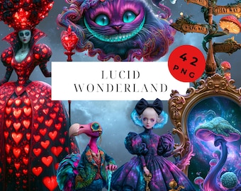 Lucid Wonderland Clipart Bundle, 42 PNG, Alice Scrapbooking, DYI, Cards, Junk Journal, Fantasy Illustration, Surreal Art, Commercial Use