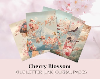 Cherry Blossom Junk Journal Pages: 16 JPEG Vintage Japanese Backgrounds, Digital Scrapbook Paper, Craft Supplies
