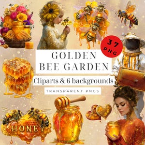 May include: Digital art featuring a "Golden Bee Garden" theme. The image includes illustrations of honeycombs, bees, honey jars, and a person in a beekeeper suit. Text on the image reads "Golden Bee Garden, Cliparts & 6 backgrounds, Transparent PNGs."