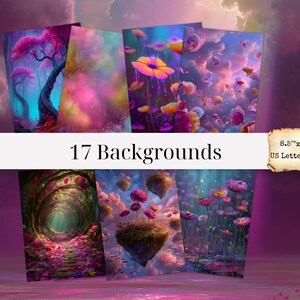 May include: A collection of 17 fantasy-themed backgrounds, each showcasing vibrant colors and imaginative landscapes. The backgrounds are US Letter Size, measuring 8.5" x 11". The images feature surreal scenes with floating islands, glowing flowers, and mystical forests.
