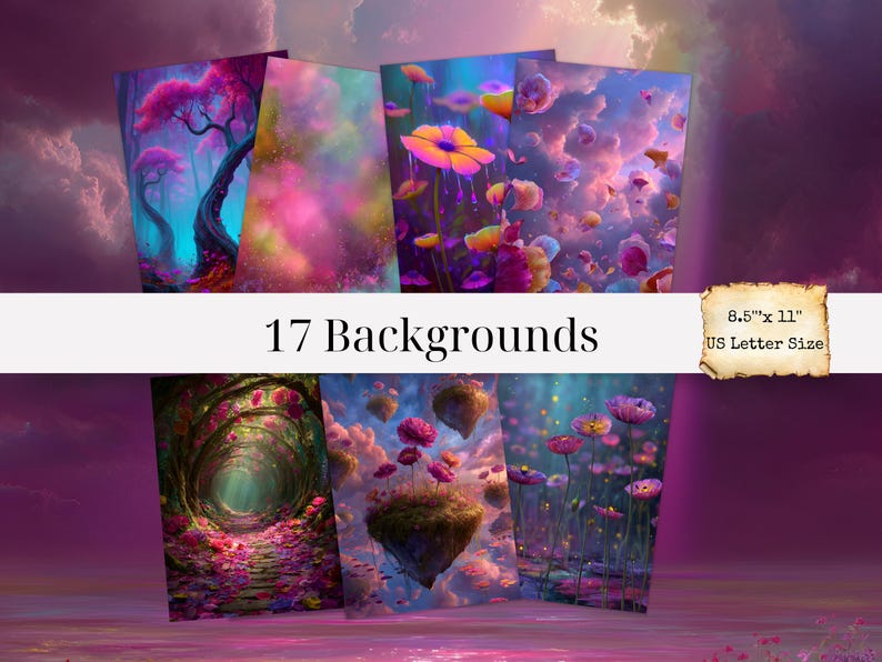 May include: A collection of 17 fantasy-themed backgrounds, each showcasing vibrant colors and imaginative landscapes. The backgrounds are US Letter Size, measuring 8.5" x 11". The images feature surreal scenes with floating islands, glowing flowers, and mystical forests.