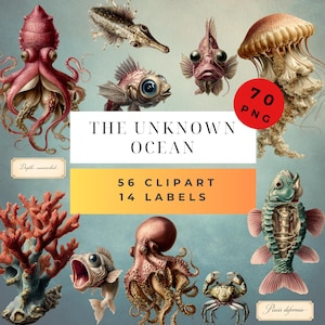 Könnte beinhalten: Digitales Clipart-Set mit dem Titel "The Unknown Ocean" mit verschiedenen Meereskreaturen, darunter ein Oktopus, Fische und eine Qualle. Das Set enthält 56 Clipart-Bilder und 14 Etiketten, mit einem roten Kreis, der 70 PNG-Dateien anzeigt.