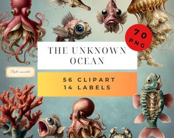 Unknown Ocean, 70 Clipart PNG and Labels, DIY, Cards, Junk Journal kit, Scrapbooking Supplies, Commercial use, Vintage Ephemera