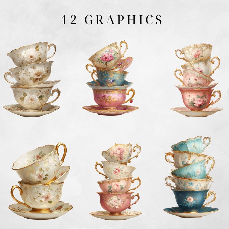 May include: Twelve graphics of vintage teacups and saucers. The teacups are stacked in various arrangements, showcasing floral designs in pastel colors. Each teacup has a gold handle and rim. The text "12 GRAPHICS" is at the top.