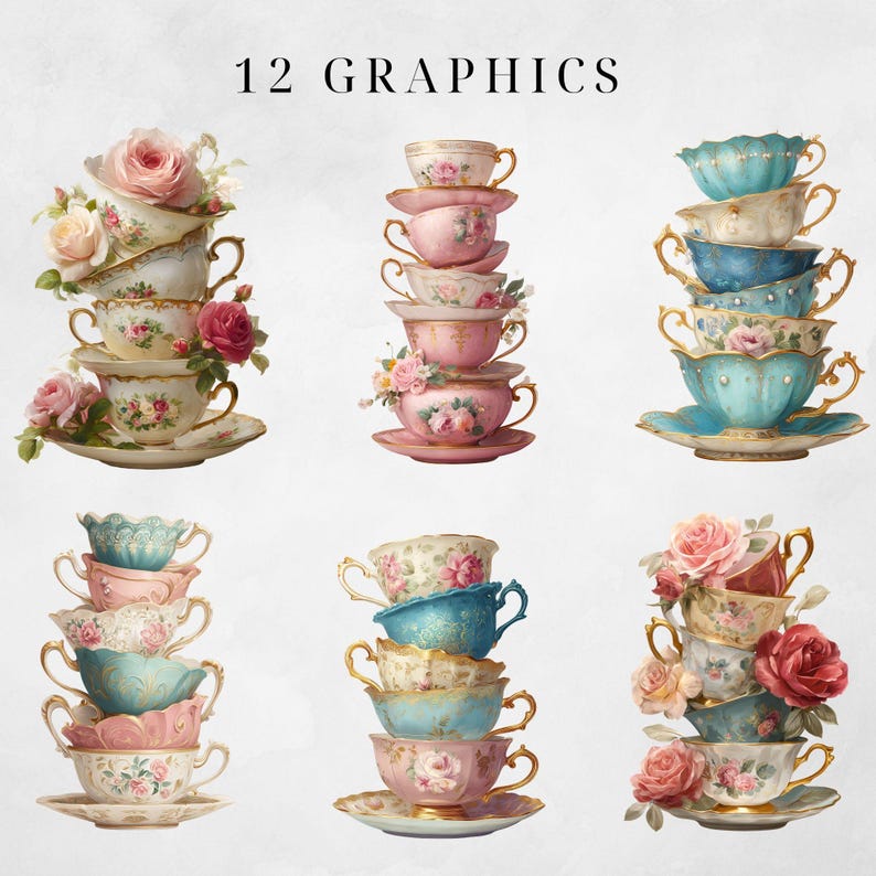 May include: Digital graphic of twelve stacks of vintage teacups and saucers. The teacups are in various pastel colors, including pink, blue, and cream, and are decorated with floral patterns and gold accents. The text "12 GRAPHICS" is at the top.