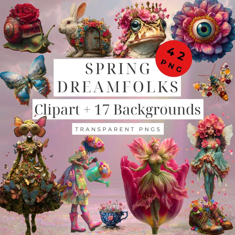 May include: A digital art collection titled "Spring Dreamfolks" featuring whimsical illustrations. The image showcases a variety of fantasy creatures, including a snail with a rose shell, a rabbit with a door, and a frog with a floral crown. The collection includes 42 PNG files and 17 backgrounds.