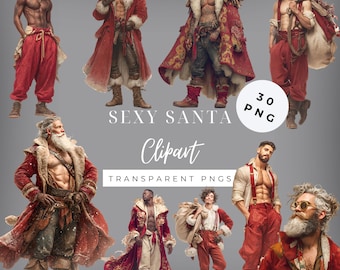 May include: Digital art featuring multiple illustrations of Santa Claus figures in various poses. The Santas are depicted with muscular physiques, wearing red and white outfits. The image includes the text "SEXY SANTA Clipart TRANSPARENT PNGs".