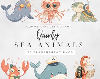 Clipart di animali sottomarini, creature bizzarre, simpatica collezione di acquerelli, arte digitale per bambini, creature dell'oceano, arte per la cameretta dei bambini