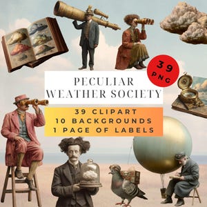Paquete de 39 imágenes prediseñadas de la Sociedad del Clima Peculiar + 10 fondos, tarjeta DIY, kit para diario de recortes, suministros para scrapbooking, recortes precisos, uso comercial.