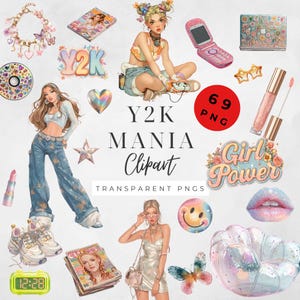 Pode incluir: Uma coleção de elementos de clipart com tema Y2K, incluindo ilustrações de uma mulher, um telemóvel dobrável, um CD, uma revista e um relógio digital. O texto "Y2K MANIA Clipart" é exibido, juntamente com as palavras "Girl Power". A paleta de cores inclui rosa, azul e dourado.