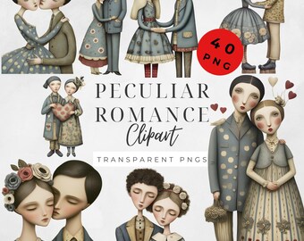 Valentine Clipart Bundle, Peculiar Romance, Surreal Portraits & Whimsical People Png,  Digital Printable Valentines, Quirky Love