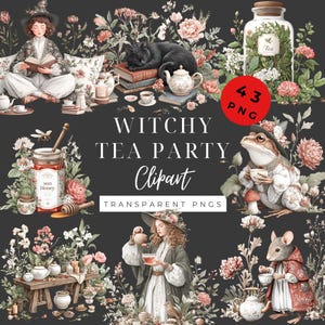May include: Digital clipart set featuring a whimsical witchy tea party theme. The image includes illustrations of a witch reading, a black cat, teacups, teapots, a frog, a mouse, and floral arrangements. The text reads "Witchy Tea Party Clipart".