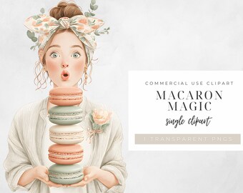 Clipart macaron: aquarel dessertchef, Franse bakkerijillustratie (commercieel gebruik)