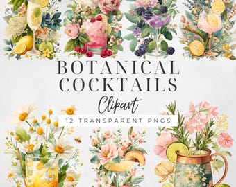 Imágenes prediseñadas de cócteles botánicos, ilustraciones de bebidas en acuarela, descarga digital, menú de bebidas para bodas, imágenes prediseñadas de alcohol