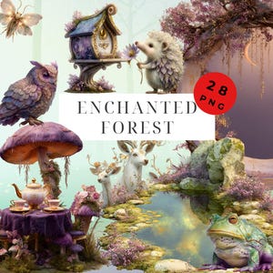 Pode incluir: Uma coleção digital de 28 imagens PNG intitulada ENCHANTED FOREST apresentando uma coruja roxa, um ouriço segurando uma flor, uma casa na árvore, um conjunto de chá em uma mesa de cogumelo, dois cervos brancos e um sapo verde perto de um lago.