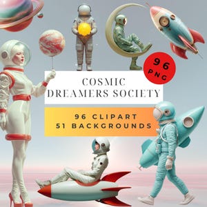 Retro Surreal Clipart, 96 PNG + 51 Backgrounds, Cosmic Futuristic Art, DIY, Cards, Junk Journal Kit, Scrapbooking Supplies, Commercial Use