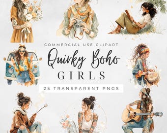 Quirky Boho Girls Clipart: 25 Whimsical PNG Illustrations (Digital Download)