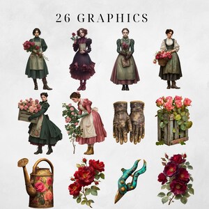 Pu&ograve; includere: Set di grafiche digitali con illustrazioni vintage di donne con fiori, attrezzi da giardinaggio e composizioni floreali. Include immagini di annaffiatoi, guanti e cesoie. Il testo "26 GRAPHICS" &egrave; in alto.