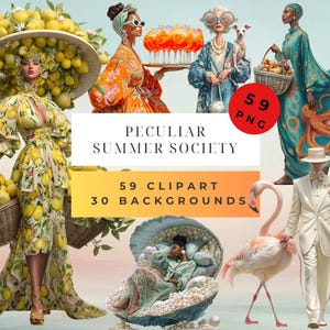 Peculiar Summer Society, Whimsical Characters, 59 Clipart Bundle + 30 Backgrounds, For Cards, Junk Journal,Scrapbook,Collage,Commercial use