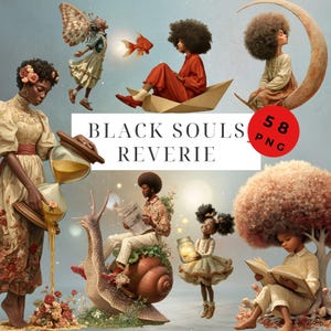 Black Souls Reverie Clipart Bundle, 58 PNG, Surreal Black Art, DYI, Cards, Junk Journal,Afro American Characters,Scrapbooking,Commercial Use