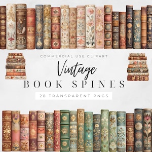May include: A collection of vintage book spines in various colors, including brown, gold, pink, and green. The image includes the text "Commercial Use Clipart," "Vintage," "Book Spines," and "28 Transparent PNGs."