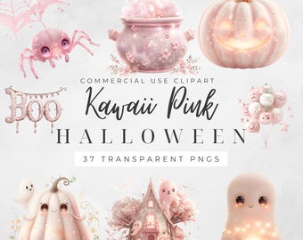 Różowa grafika Halloween: Kawaii duchy i dynie (cyfrowe pliki PNG do pobrania)