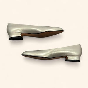May include: A pair of silver-colored, low-heeled shoes. The shoes have a pointed toe and a small, black heel. The soles are brown. The shoes are displayed on a white background.