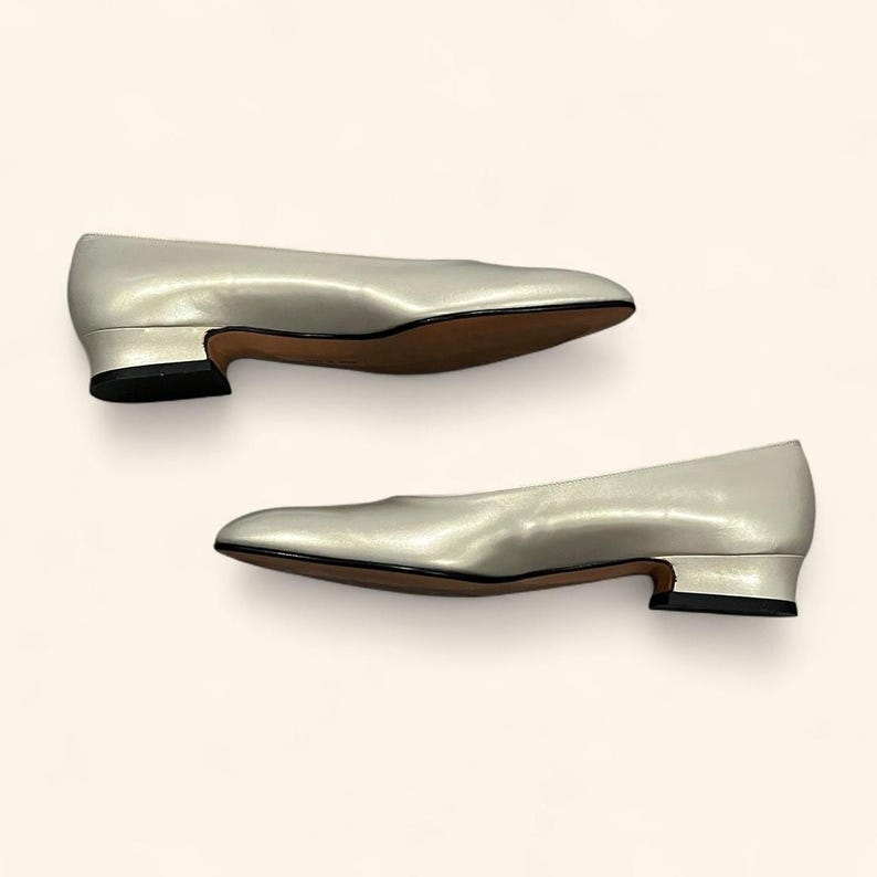May include: A pair of silver-colored, low-heeled shoes. The shoes have a pointed toe and a small, black heel. The soles are brown. The shoes are displayed on a white background.
