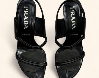 Vintage Prada Slingback Heels | Y2K Black Leather Sandals, Size 36.5 EU