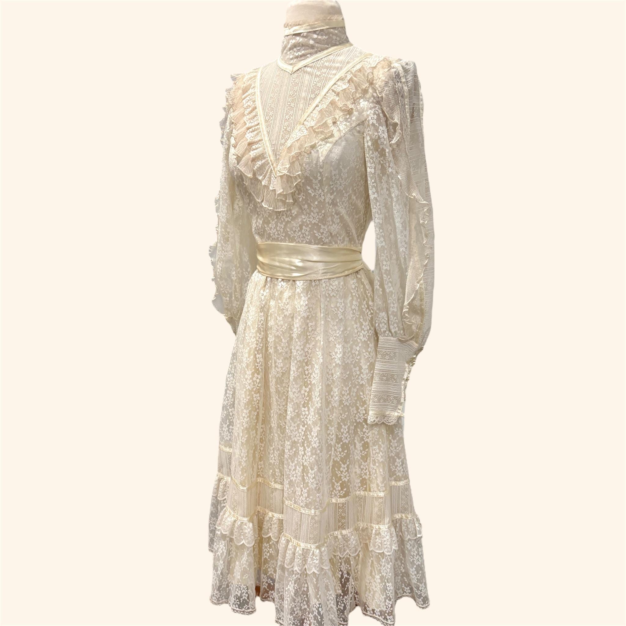 Vintage 70s Gunne Sax Lace Boho Wedding Dress Cream Prairie Midi High ...