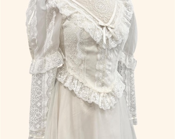 Vintage Lace Wedding Dress High Neck Victorian Bridal Gown Juliet Puff Sleeve Train S 4