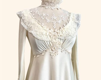 1970s Vintage Wedding Dress Ivory Prairie Sheer Lace High Neck | Cape Train Bridal Gown XS 0 2